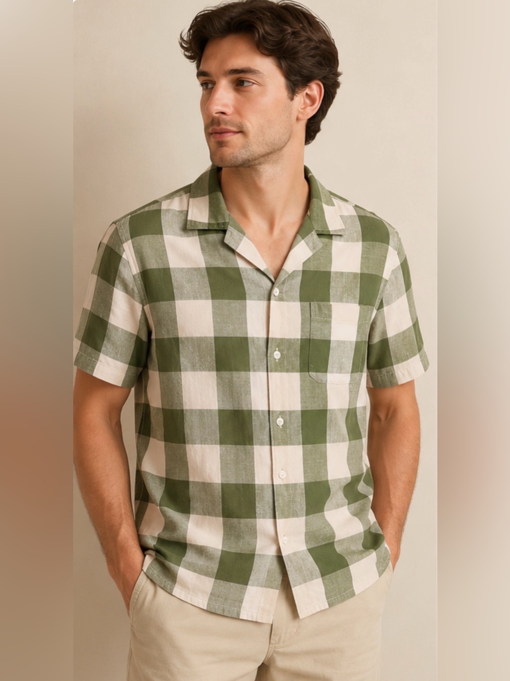GAP Linen Blend Green Buffalo Plaid Camp Shirt‎ Men’s Medium